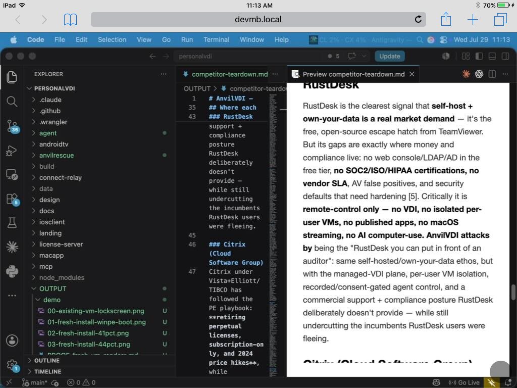 A 2012 iPad mini running a full macOS desktop with VS Code, in Safari