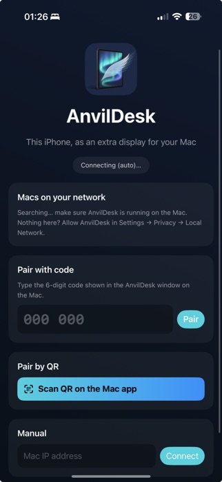 The AnvilDesk iPhone app showing pairing options