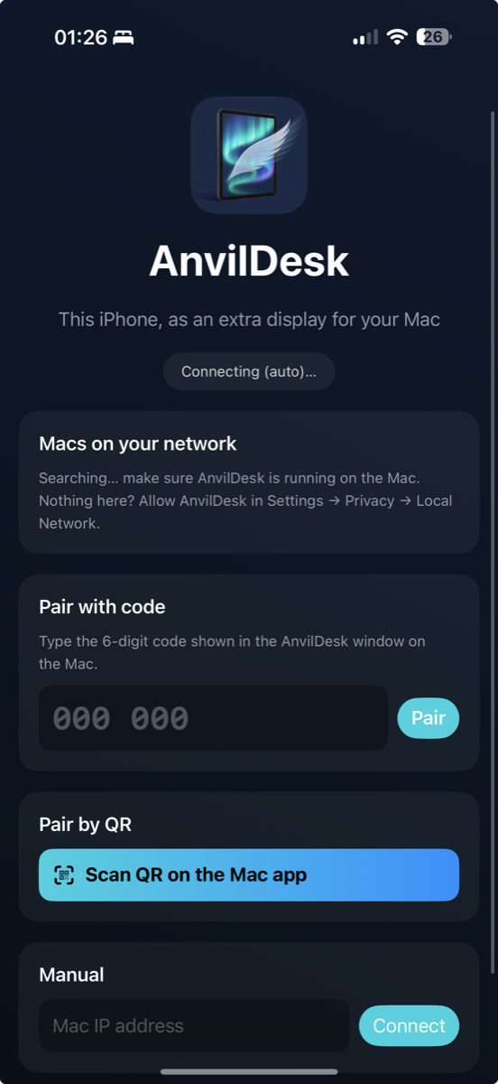 The AnvilDesk iPhone app showing pairing options